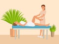 Young girl having hot stone massage vector illustration. Professional masseuse massaging patient body. Woman relaxing