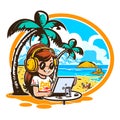 A young girl with headphones and a notebook plays a game on a sandy beach by the sea. Leisure and holidays. Cartoon vector Royalty Free Stock Photo