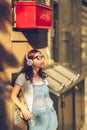 Young girl in headphones in New York City Royalty Free Stock Photo