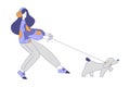 Young Girl in Headphones Walking Cute Dog with Leash Vector Illustration