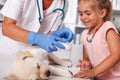 Young girl helping veterinary care professional to bandage a cute puppy dog paw