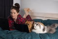 Young girl, her dog french bulldog and fluffy cat work at home in bed during quarantine Royalty Free Stock Photo