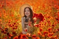 Young girl and her french bulldog puppy in a field with red poppies Royalty Free Stock Photo