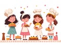 A Young Girl and Her Friends Baking in a Minimalistic Cartoon Style AI Generated