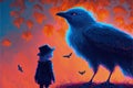 A young girl and her giant crow companion stand in a blue forest with glowing trees. Fantasy concept , Illustration painting.