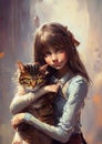 young girl with her pet cat, love companion, emotional support