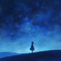 Young girl on a hillside looking up to a shower of stars in the evening blue sky Royalty Free Stock Photo