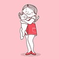 Young girl hold cat. Vector hand drawn pink card illustration with teenager girl and white cat on pink greeting card background Royalty Free Stock Photo