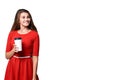 Young Girl hold takeaway cup fo coffee. Red dress. White glass with black. Isolated background Royalty Free Stock Photo