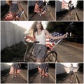 Young girl holding americam stars and stripes flag in her hands outdoor collage retro color toned Royalty Free Stock Photo