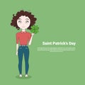 Young Girl Holding Shamrock Over Template Saint Patricks Day Background