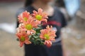 Young girl holding and showing a bouquet of beautiful peach color of dahlia flowers plant in hand. Royalty Free Stock Photo