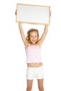 Young girl holding a white banner