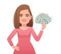 A young girl holds dollar bills in her hand. A beautiful woman with money in her hand. A happy businesswoman. Vector illustration Royalty Free Stock Photo