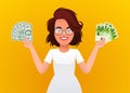 A young girl holds dollar bills in one hand and euros in the other. A beautiful woman with money in her hand. A happy Royalty Free Stock Photo