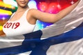 Young girl holds Finland flag in front on the party lights - Christmas and 2019 New Year flag concept 3d illustration