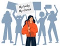 A young girl in a hoodie holds a sign with the words My body my choice. Silhouettes of protestors. Abortion rights activist.