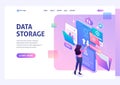 Young girl interacting with the data storage, downloads and uploads files to the cloud. Data exchange concept 3d isometric Landing Royalty Free Stock Photo