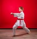 Young girl karateka in a white kimono and a red belt trains and performs a set of exercises on a bright red background Royalty Free Stock Photo