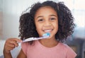 Young girl kids, portrait and brushing teeth, dental healthcare and bathroom toothbrush in Brazil home. Happy, smile and