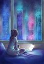 A young girl with laptop looks through the window at the night city.