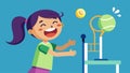 A young girl laughing and having fun as she attempts to hit the unpredictable shots coming from the tennis ball machine