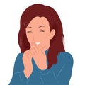 The young girl laughs, covering her mouth with her hands. Vector flat. Royalty Free Stock Photo