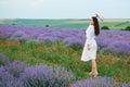 Young girl is in the lavender field with red poppy flowers, beautiful summer landscape Royalty Free Stock Photo