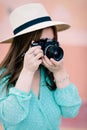 A young girl learns how to use her photo camera during a photography course Royalty Free Stock Photo