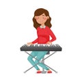 Young Girl with Long Dark Hair Sitting and Playing Keyboard Vector Illustration