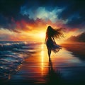 A young girl with long hair, blown by the wind, in a silhouette, walking at a beach on a sunset, vintage, vibrant colors Royalty Free Stock Photo