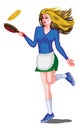 Young girl with long hair is cooking pancakes in a skillet. Raster clip art.