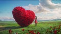 Young girl with long hair in a dress, standing in front of a large red heart of red roses on green grass at sunset. Flowering Royalty Free Stock Photo