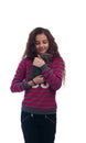 Young girl with long hair and gray kitten in the hands posing on a white background Royalty Free Stock Photo