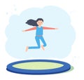 Young girl with long hair jumping on a trampoline, happy child having fun outdoors. Joyful kid playing, active childhood Royalty Free Stock Photo