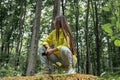 Young girl with long hair sitting on a tree log in spring forest. Hiker woman resting Royalty Free Stock Photo