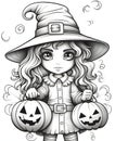 Young girl with long hair, witch hat holding two jack-o-lantern pumpkins, Halloween black and white picture coloring book Royalty Free Stock Photo