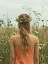 Young girl with long hair and a wreath of wild flowers on her head, walking in the green meadow. Midsummer. Generative AI Royalty Free Stock Photo