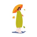 Young girl in a long raincoat with an umbrella. Autumn leaves. Character isolated on a white background. Vector illustration in Royalty Free Stock Photo