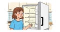 Young girl looking at open empty refrigerator in kitchen vector illustration Royalty Free Stock Photo