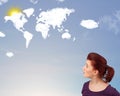 Young girl looking at world clouds and sun on blue sky Royalty Free Stock Photo