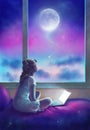 A Young girl looks out the window at the moon and stars.