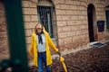 A young girl loves walk the city alone on a rainy day. Walk, rain, city Royalty Free Stock Photo