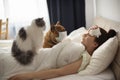 A young girl is lying in bed with heat, her French bulldog and a fluffy cat helps her. Coronovirus patient Royalty Free Stock Photo
