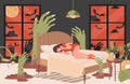 Young girl lying in bed at night and has nightmare vector flat illustration. Tired woman suffering from nightmare.