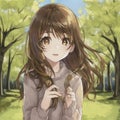 young girl made in AI technology , brown hair and eyes, wering coat in summer in a park Royalty Free Stock Photo