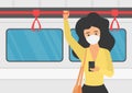 Young girl in mask in subway coronavirus quarantine character concept flat vector illustration. Sad woman stands in