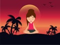 Girl in meditation posture. Natural sunset background.