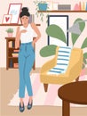 Young girl in modern clothes standing in the living room vector flat cartoon illustration