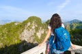 Young Girl Mountains Cave Looking Landscape Back Rear View Tourist Woman Summer Vacation Royalty Free Stock Photo